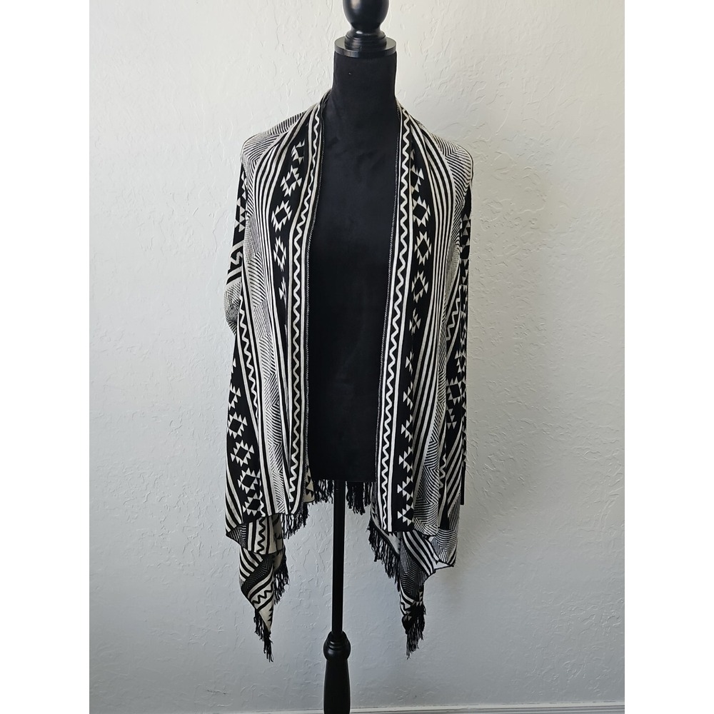 Open Cardigan Sweater Sz Lg Southwestern Aztec Tribal Asymmetrical Fringe Boho